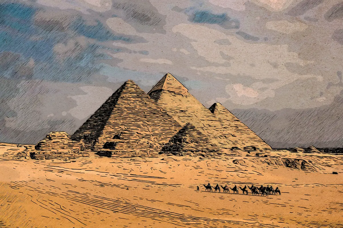 Kamele vor den Pyramiden