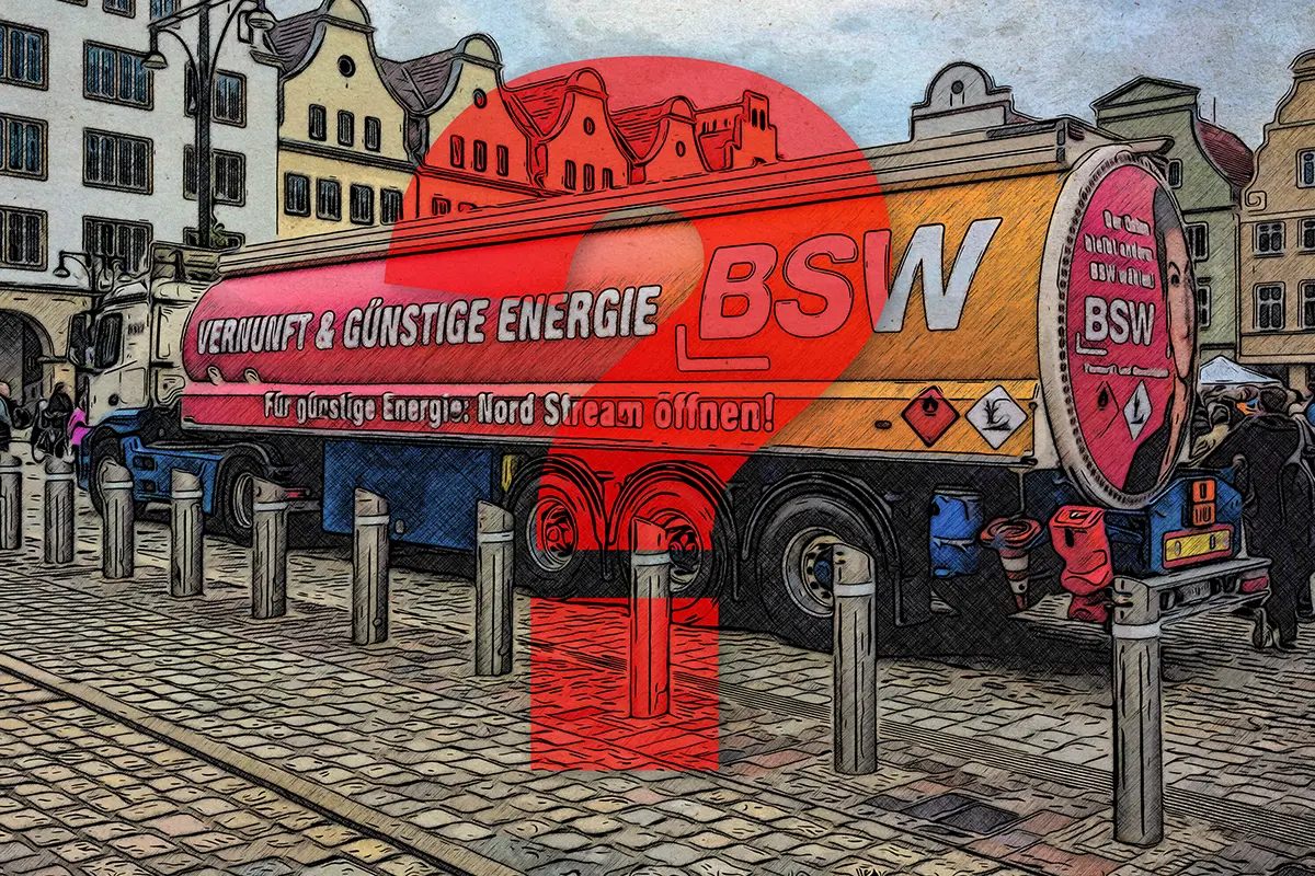 Tankwagen mit BSW-Parteiwerbung